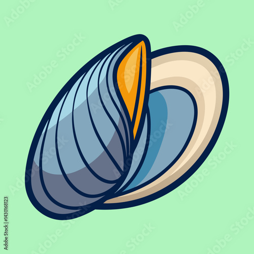Stylized cartoon illustration of an open mussel shell, seafood delicacy, art