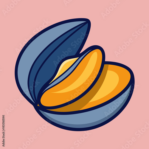 Stylized illustration of an open mussel shell with yellow filling on pink