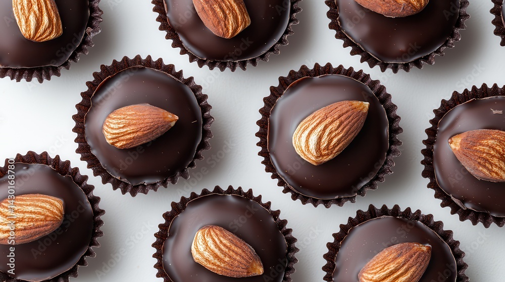 Chocolate almond desert indulgence Chocolate treats topped with almonds arranged neatly. Chocolate almond desert indulgence Chocolate treats topped with almonds arranged neatly.