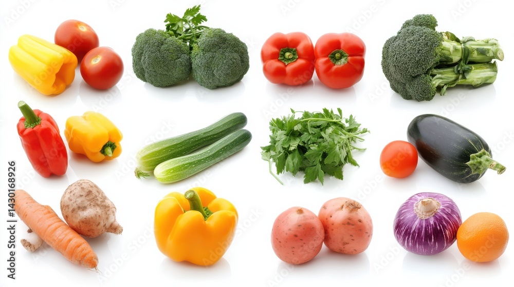 A variety of fresh vegetables including broccoli, parsley, orange bell pepper, eggplant, zucchini, yellow bell pepper, A variety of fresh vegetables including broccoli, parsley, orange bell pepper, eggplant, zucchini, yellow bell pepper,