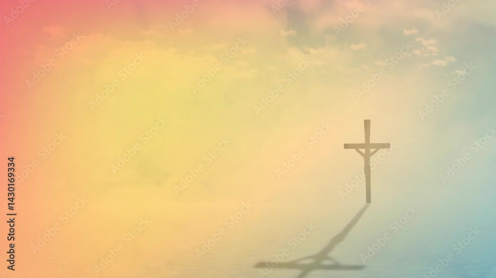 Wooden crucifix silhouette being animated against pastel gradient sky, casting long diagonal shadow Wooden crucifix silhouette being animated against pastel gradient sky, casting long diagonal shadow