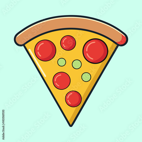 Vector cartoon pizza slice with pepperoni, crust and a light background