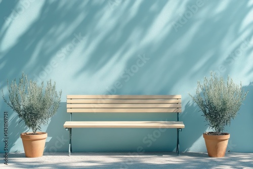 Pale light casts gentle shadows on a light beige bench between two potted shrubs. photo