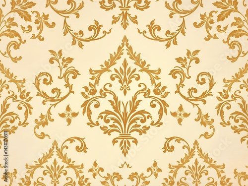 Elegant backdrop showcasing ornate golden floral designs against a soft, warm-toned ivory surface,