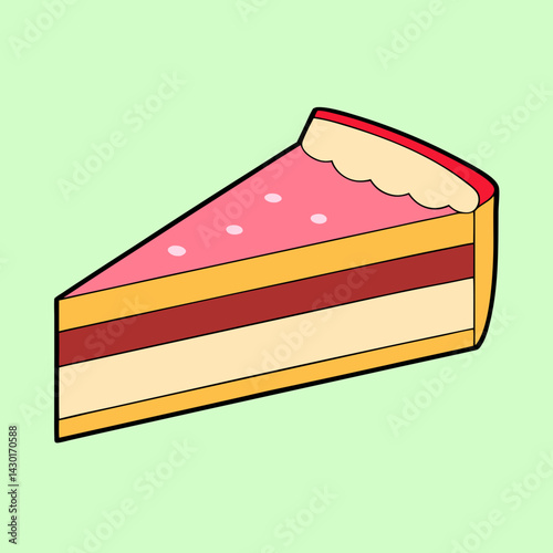 Illustration of a colorful slice of layered cake with decorative frosting