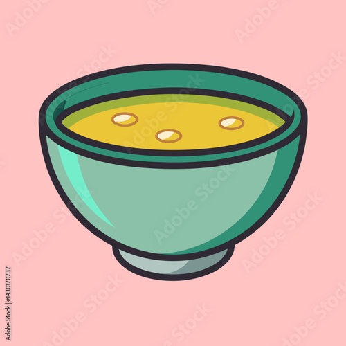 Illustration of a flavorful bowl of soup with broth and toppings