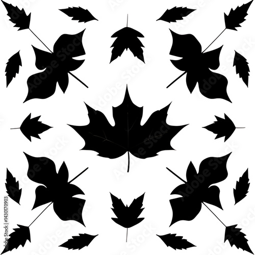 A collection of black leaf silhouettes of various shapes, including oval, heart-shaped, and jagged edges, all against a white background