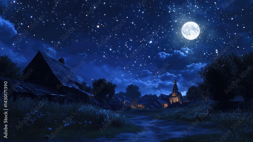 Fototapeta premium A calm, starry night sky over a peaceful village, with twinkling stars and soft moonlight.