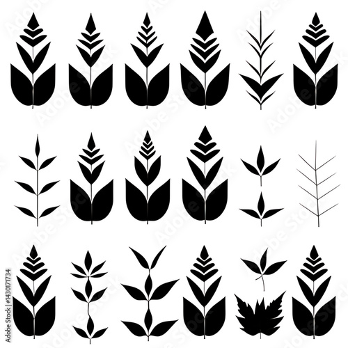 A collection of black leaf silhouettes of various shapes, including oval, heart-shaped, and jagged edges, all against a white background