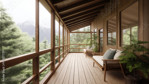 Wooden terrace with large windows overlooking the forest sofa and an armchair on it modern architectural-style house in a mountainous area 