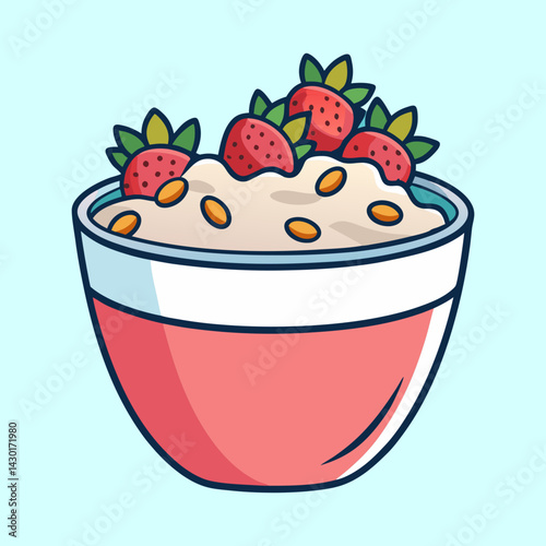 Illustration of a bowl of porridge with strawberries on a light blue background