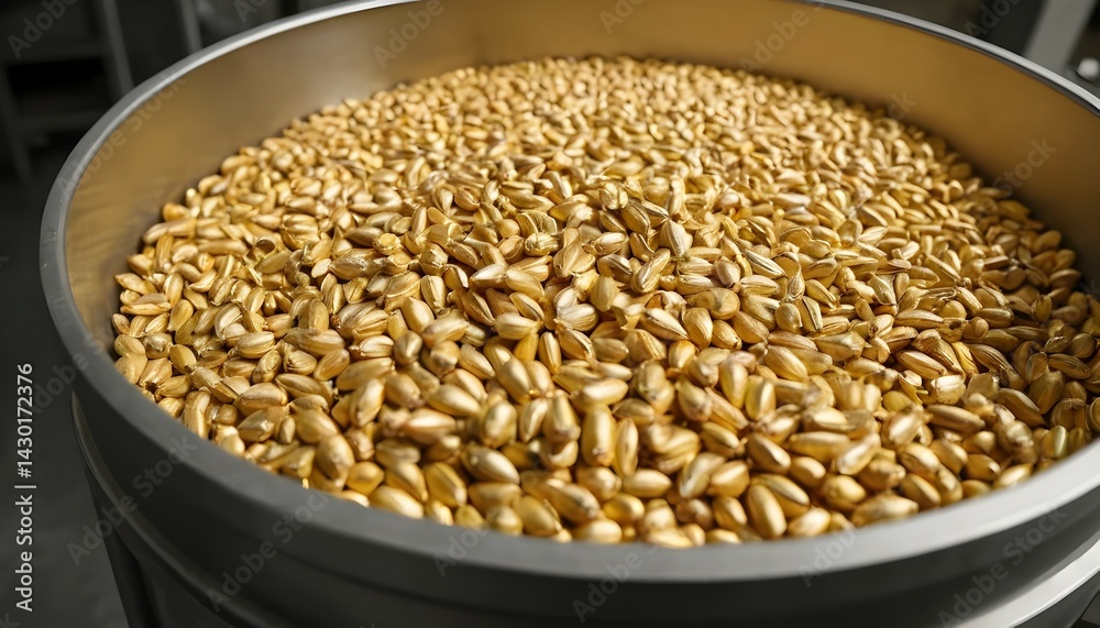 Obraz premium Golden Wheat Grains Filling a Metal Container Ready for Processing