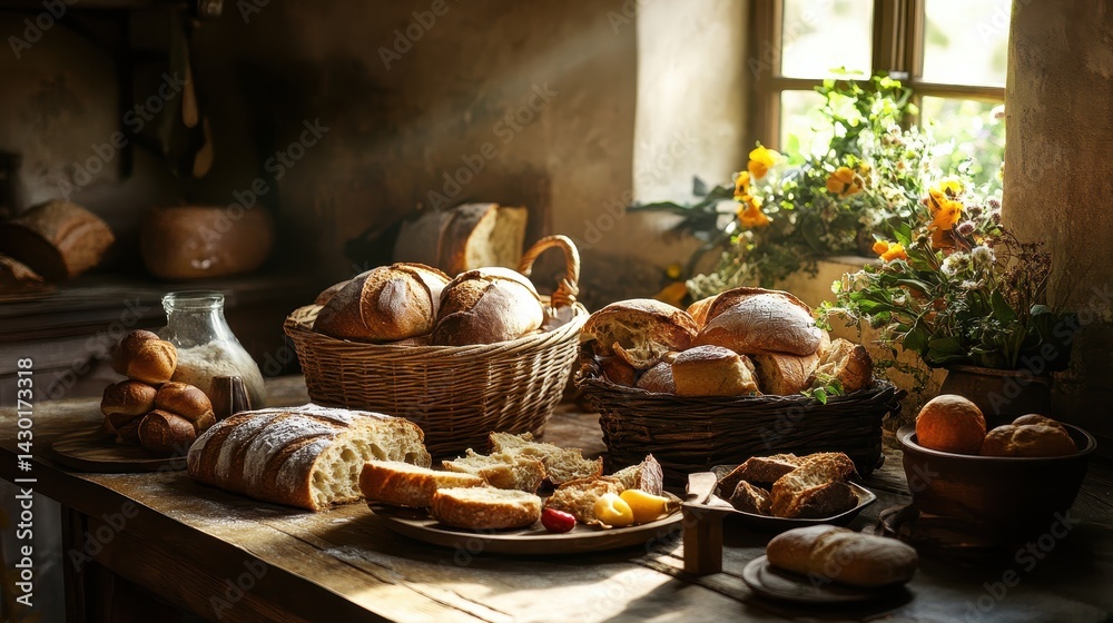 Freshly baked bread sits on a rustic table by a window with flowers. Use this for bakery ads, food blogs, or cozy kitchen themed designs. Freshly baked bread sits on a rustic table by a window with flowers. Use this for bakery ads, food blogs, or cozy kitchen themed designs.