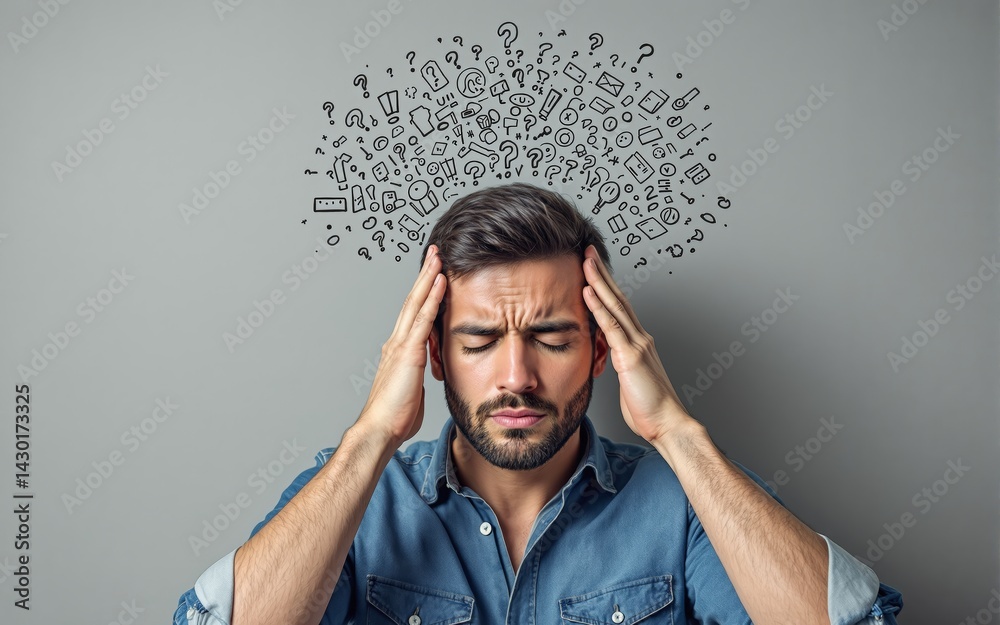 Man holding head in frustration with many question marks and icons above, digital art style, gray background, concept of stress, confusion, social issue. Ai generative