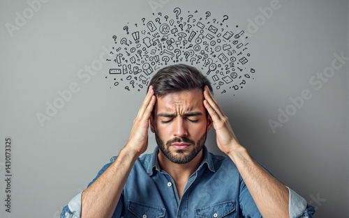 Man holding head in frustration with many question marks and icons above, digital art style, gray background, concept of stress, confusion, social issue. Ai generative