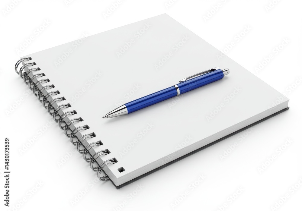 A blue pen resting on top of a blank white spiral notebook sitting on a white surface in a studio shot A blue pen resting on top of a blank white spiral notebook sitting on a white surface in a studio shot