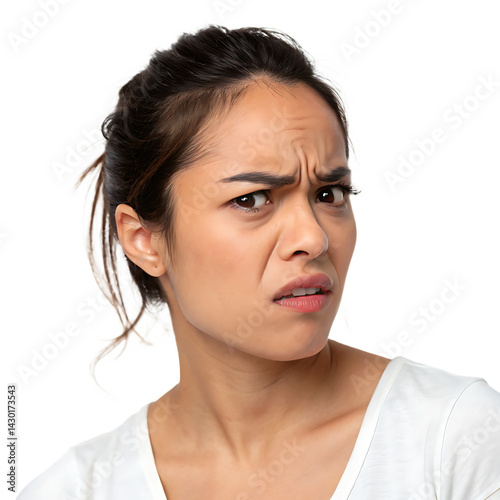 Woman looking annoyed with one eyebrow raised isolated on a transparent background