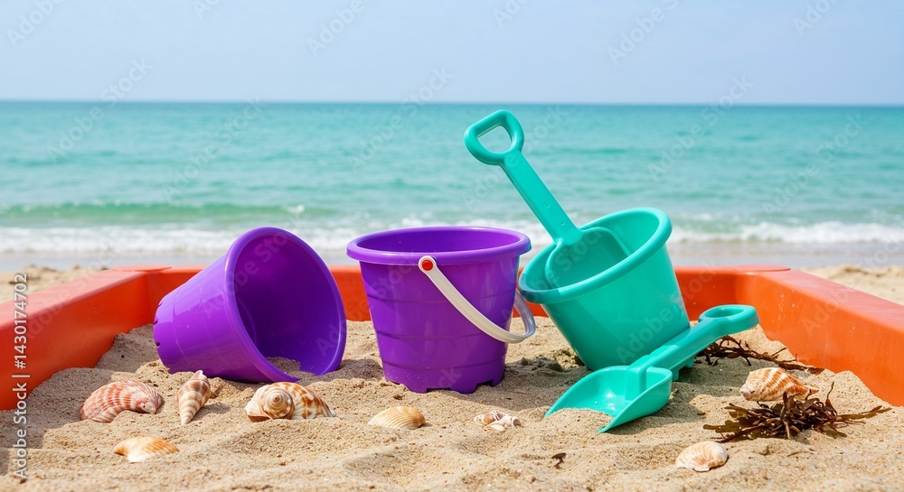 Colorful sandbox toys on the beach against a turquoise sea Colorful sandbox toys on the beach against a turquoise sea