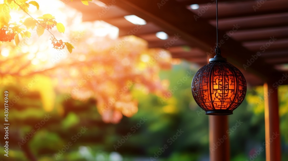 Obraz premium A beautifully detailed lantern illuminates a wooden pergola as vivid flowers bloom nearby, all bathed in the soft glow of the evening light, crafting a peaceful retreat