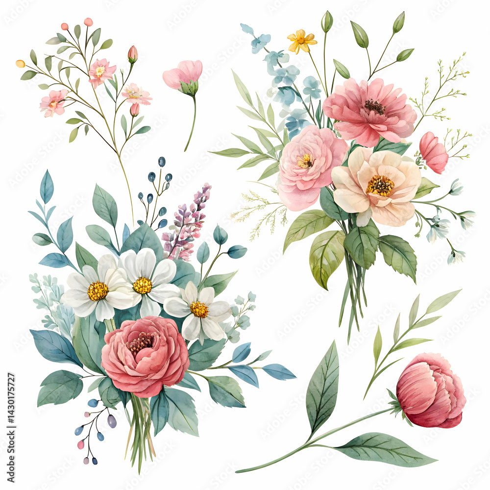 custom made wallpaper toronto digitaldelicate watercolor flower illustrations with soft hues on white background