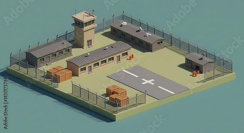 Military Base Isometric Low Poly Style