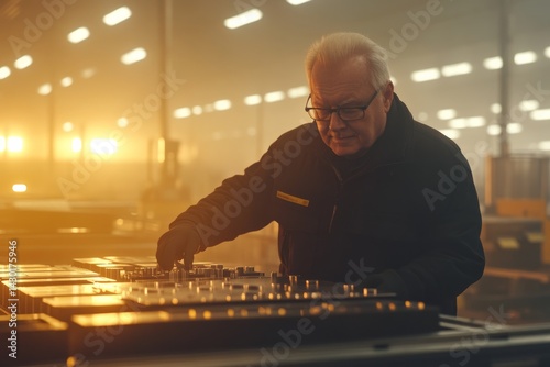 A factory worker is intently operating a lathe machine surrounded by metal parts and tools, with warm lighting accentuating the exactness of the task