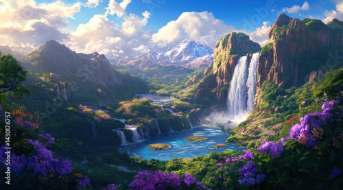 A beautiful landscape showcasing mountains waterfalls and flourishing vegetation details