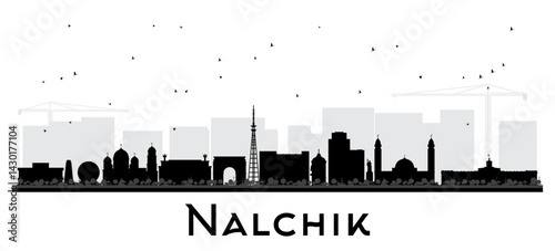Nalchik Russia city skyline silhouette with black buildings isolated on white. Nalchik cityscape with landmarks. Business travel and tourism concept with modern and historic architecture.