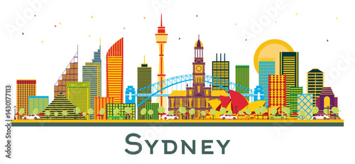 Sydney Australia City Skyline with Color Buildings isolated on white. Business Travel and Tourism Concept with Modern Architecture. Sydney Cityscape with Landmarks.