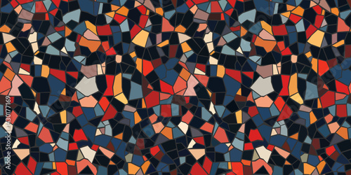 Abstract mosaic, a seamless design. A vector background. Perfect for creating a backdrop. Ceramic tile fragments. Colorful broken tiles, a mosaic of yellow, blue, and red.