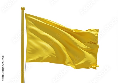 A bright yellow flag waving on a golden flagpole against a plain white background in a studio shot