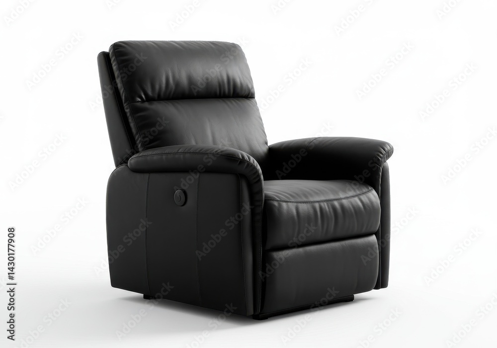 A sleek black leather recliner chair isolated on a white background in a studio setting showing detail A sleek black leather recliner chair isolated on a white background in a studio setting showing detail