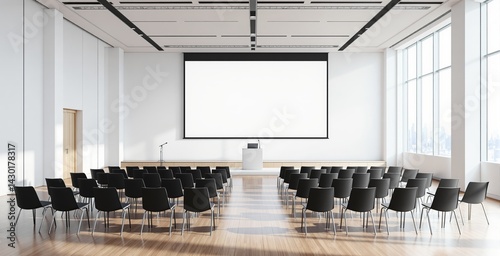 Contemporary seminar room with chairs, podium, microphone, and large blank screen in minimal style on a bright interior background. Ai generative