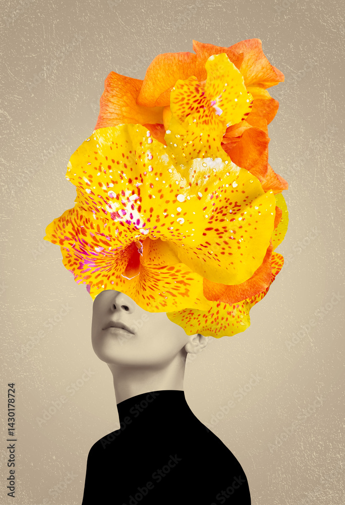 Abstract contemporary art collage portrait of young woman with flowers on face hides her eyes