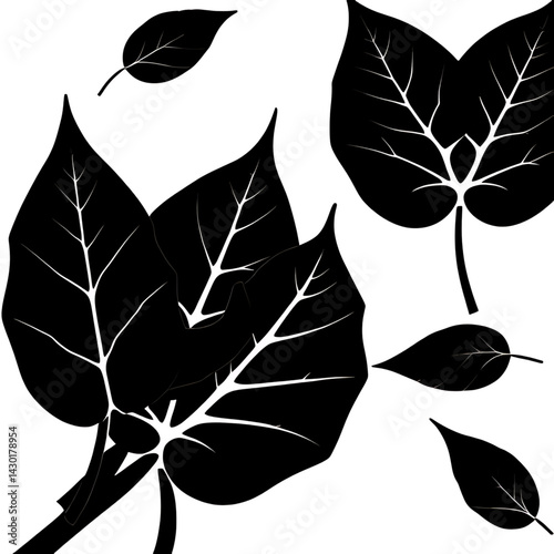 A collection of black leaf silhouettes of various shapes, including oval, heart-shaped, and jagged edges, all against a white background