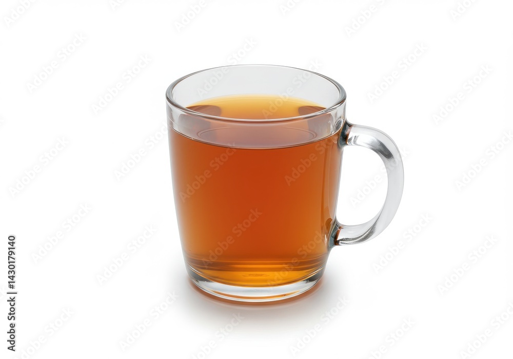 A clear glass mug filled with a brown liquid sitting on a white surface in a studio setting