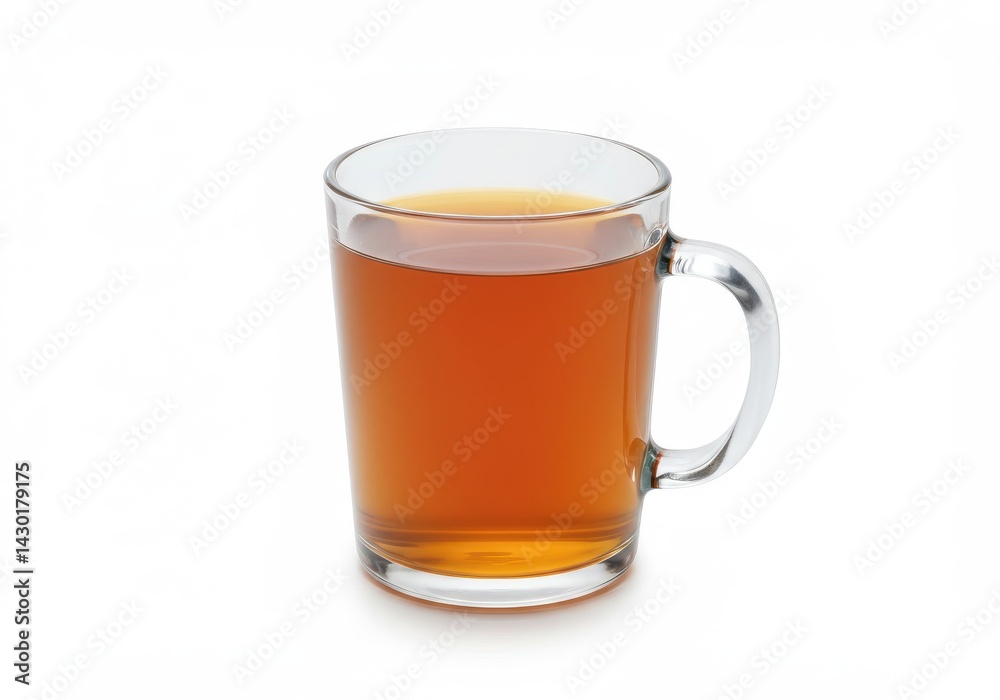 A clear glass mug filled with a brown liquid on a white background in a studio setting indoors A clear glass mug filled with a brown liquid on a white background in a studio setting indoors