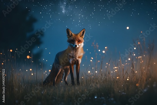 A fox standing in a field of grass under a starry sky with glowing lights around it at night time