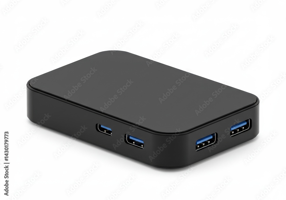 A black usb hub with multiple ports is displayed on a white surface in a studio setting view angle A black usb hub with multiple ports is displayed on a white surface in a studio setting view angle