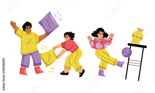 Having a fun pillow fight, showcasing playful group dynamics and joyful interactions