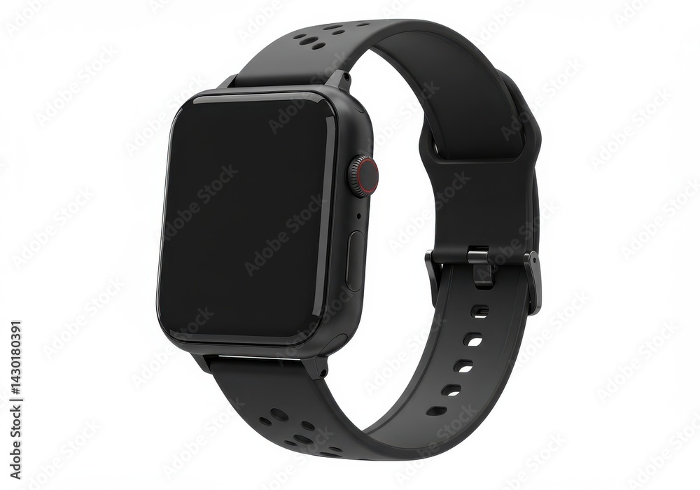 A close up shot of a black smart watch with a black band on a white background in a studio setting A close up shot of a black smart watch with a black band on a white background in a studio setting