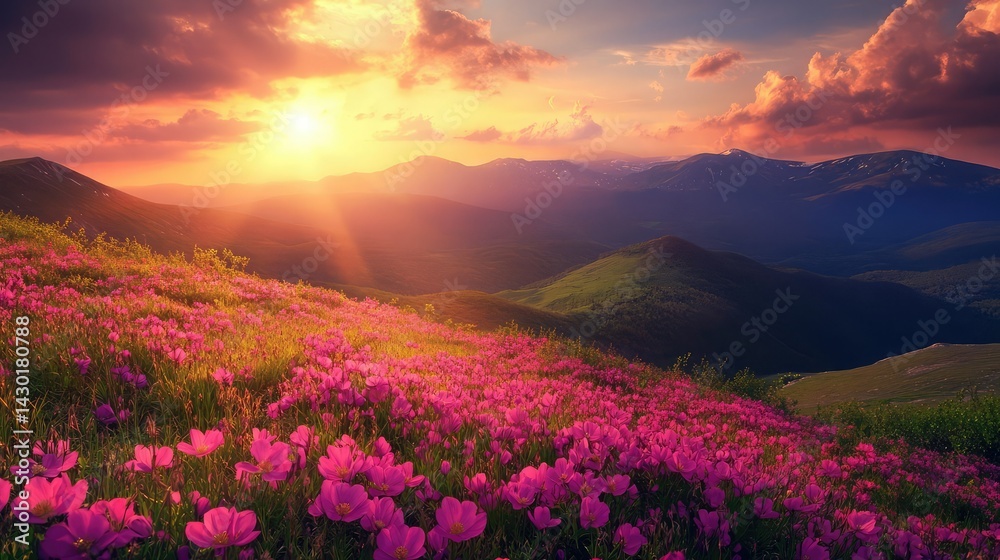 Obraz premium Blooming pink flowers in a vibrant landscape during sunset with mountains in the background and colorful sky Copy Space, Sunset Over a Blooming Purple Mountain Meadow During Springtime Sunset Over