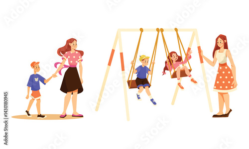 Children Engaged in Play at the Playground with Close Supervision from Their Parents