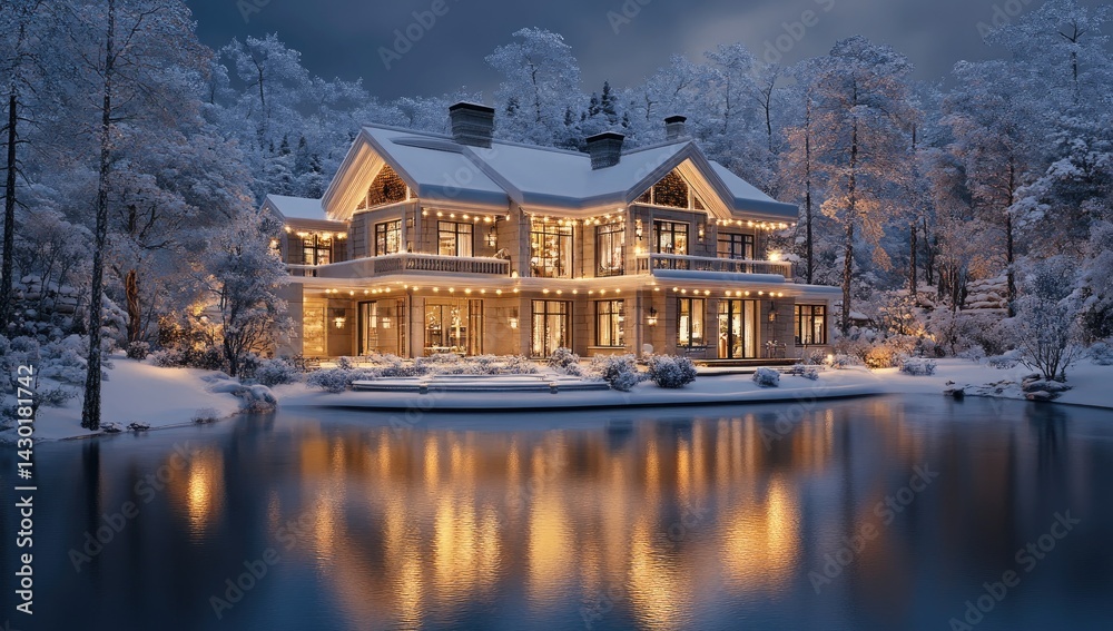 Fototapeta premium Elegant winter home by a lake