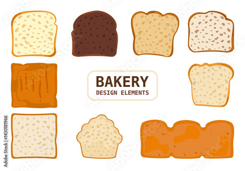 Bakery and fresh pastries set. Collection of homemade breads, fresh french bread slices, baguettes, assortment. Bakery and shop. Flat design vector illustration elements. Isolated. White background.