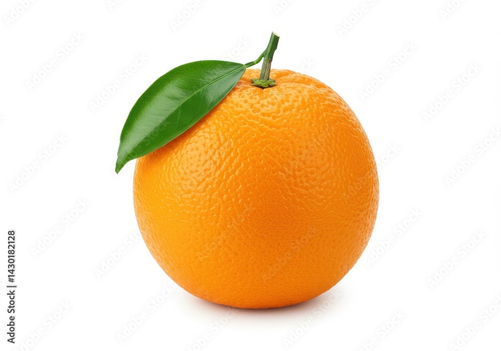 Close up view of a single orange with a green leaf attached on a plain white background in studio shot Close up view of a single orange with a green leaf attached on a plain white background in studio shot