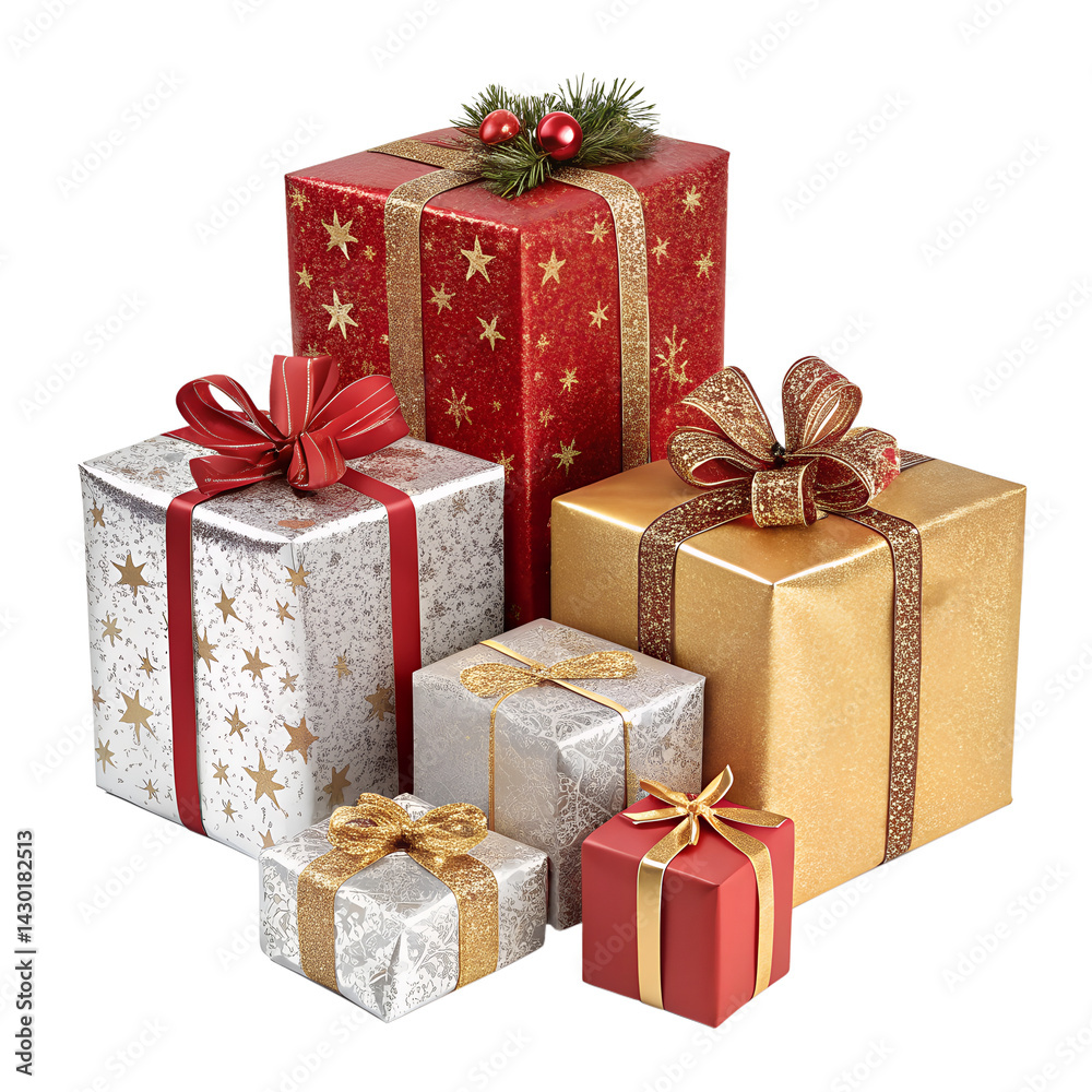 Obraz premium Isolated Christmas Gift Boxes in Red, Silver, and Gold with Bows on White Background