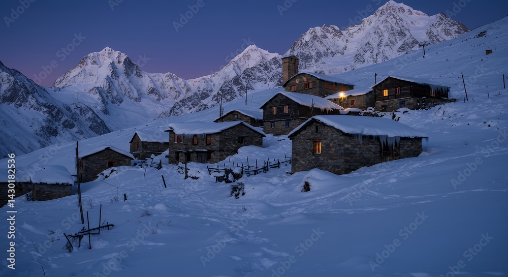 Fototapeta premium Village in Winter Snow with Mountains at Dusk