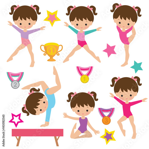 Cute little girl  gymnast vector cartoon illustration