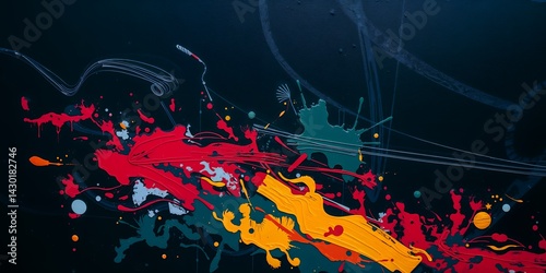 Dynamic splashes of vivid hues energize a dark, textured background creating an abstract